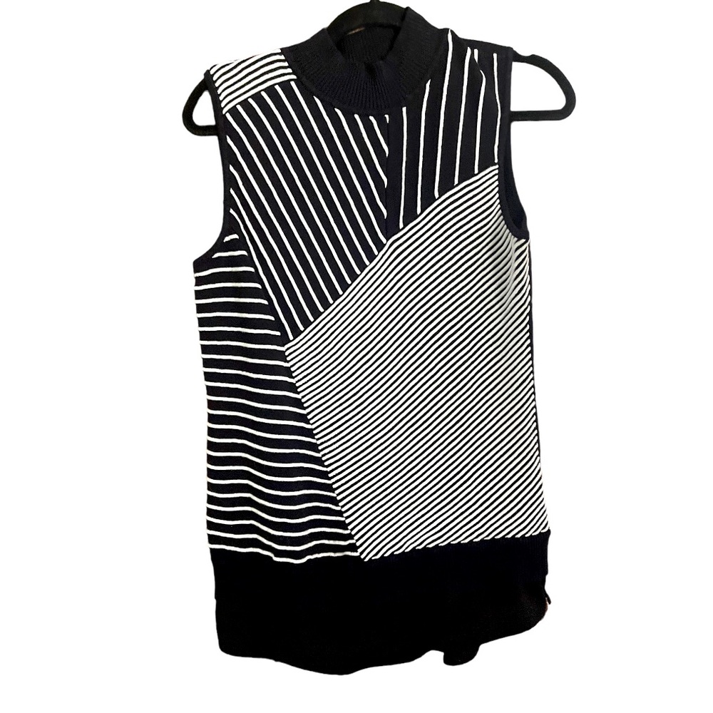 Dana Buchman Black‎ White Striped Print Longline Mock Neck Sweater Vest